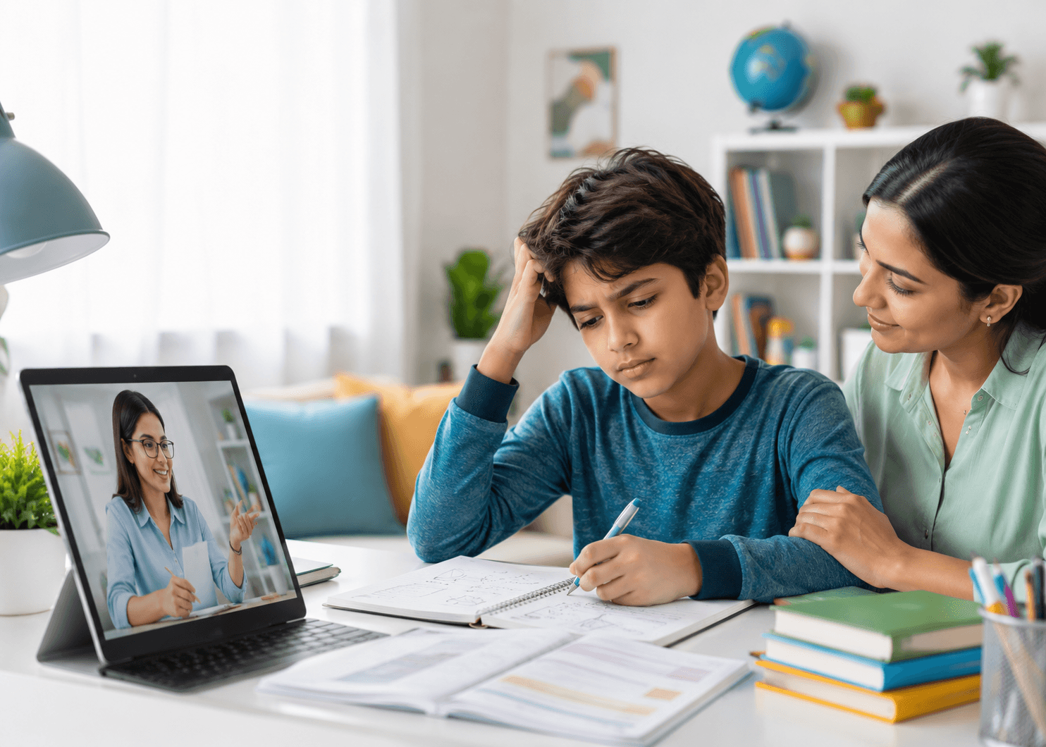 Student studying at home with supportive online tutoring help