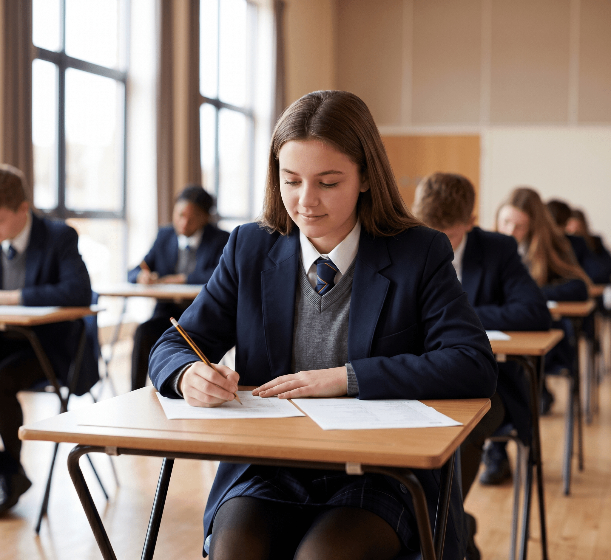 Student sitting exam in a school hall, pencil in hand, focused on paper, calm and prepared